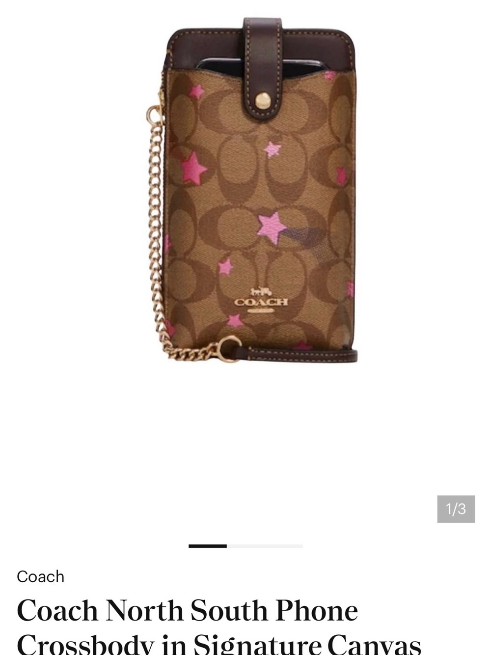 Coach Brown Signature Canvas Phone Crossbody with Pink Star Accents
